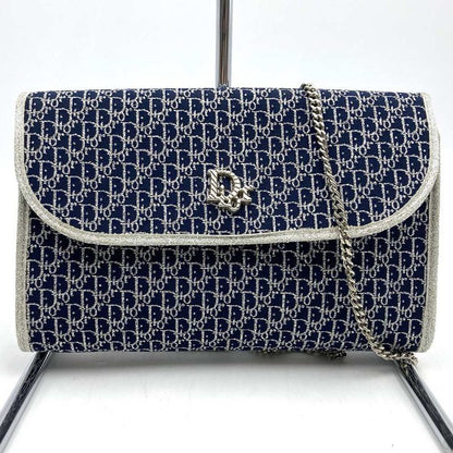 Christian DIOR Chain Shoulder Bag Lame Thread Canvas Navy Women