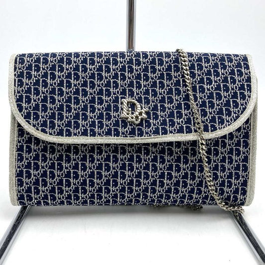 Christian DIOR Chain Shoulder Bag Lame Thread Canvas Navy Women