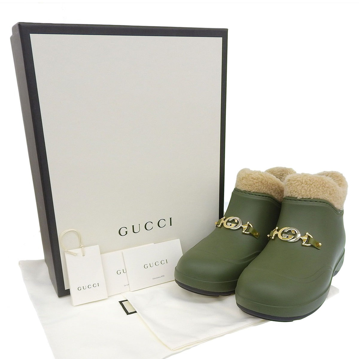 Gucci Interlocking Wool Lining Rubber Shearling Short Boots Khaki Green 38 — view 2