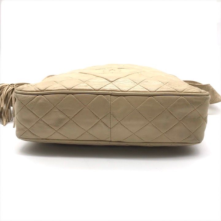 Chanel CC Logo Quilted Lambskin Fringe Shoulder Bag Beige Purse