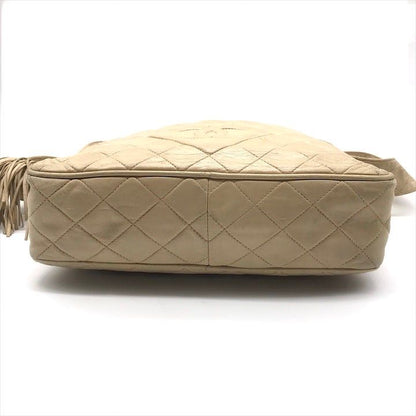 Chanel CC Logo Quilted Lambskin Fringe Shoulder Bag Beige Purse