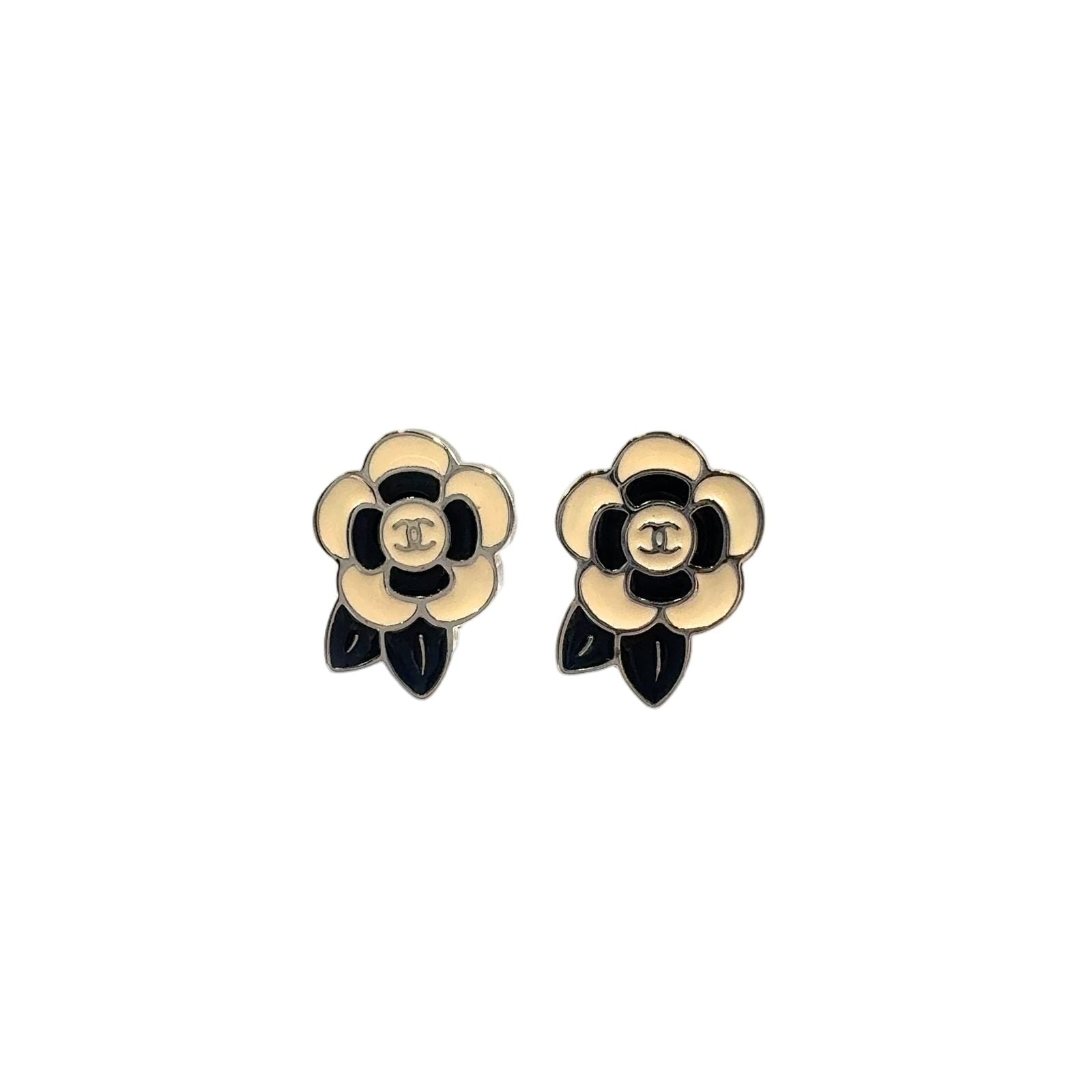 Chanel Camellia CC Logo Metal Silver Black White Earrings