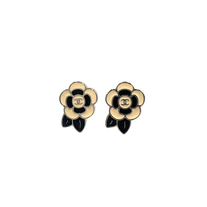 Chanel Camellia CC Logo Metal Silver Black White Earrings