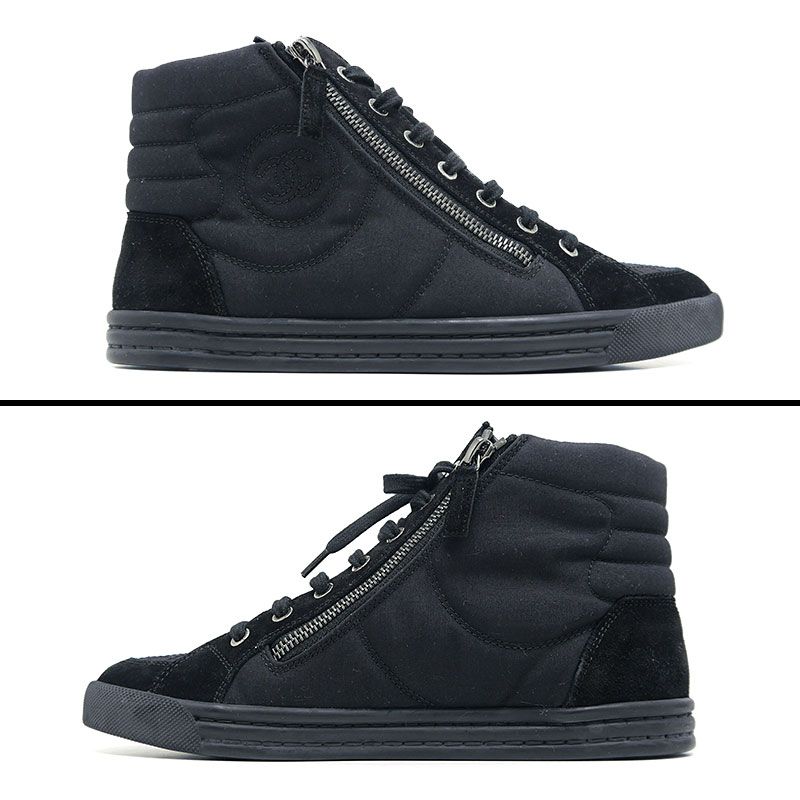 Chanel High Cut Sneakers 38 Canvas And Suede Black