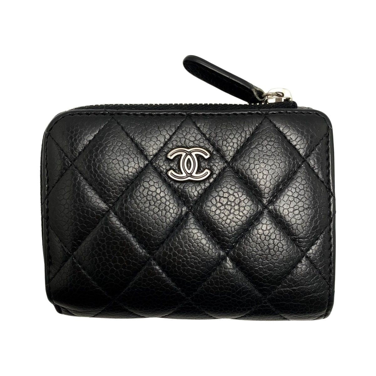 Chanel Quilted Caviar Leather Black Silver Hardware Trifold Wallet