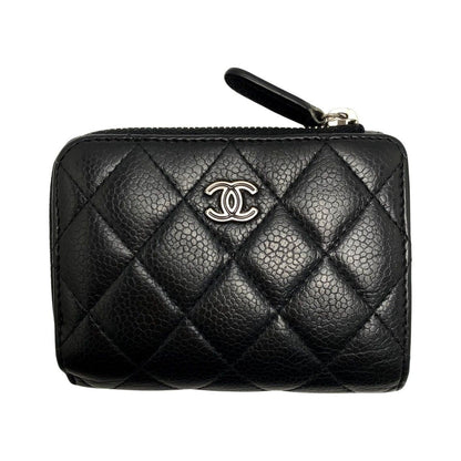 Chanel Quilted Caviar Leather Black Silver Hardware Trifold Wallet