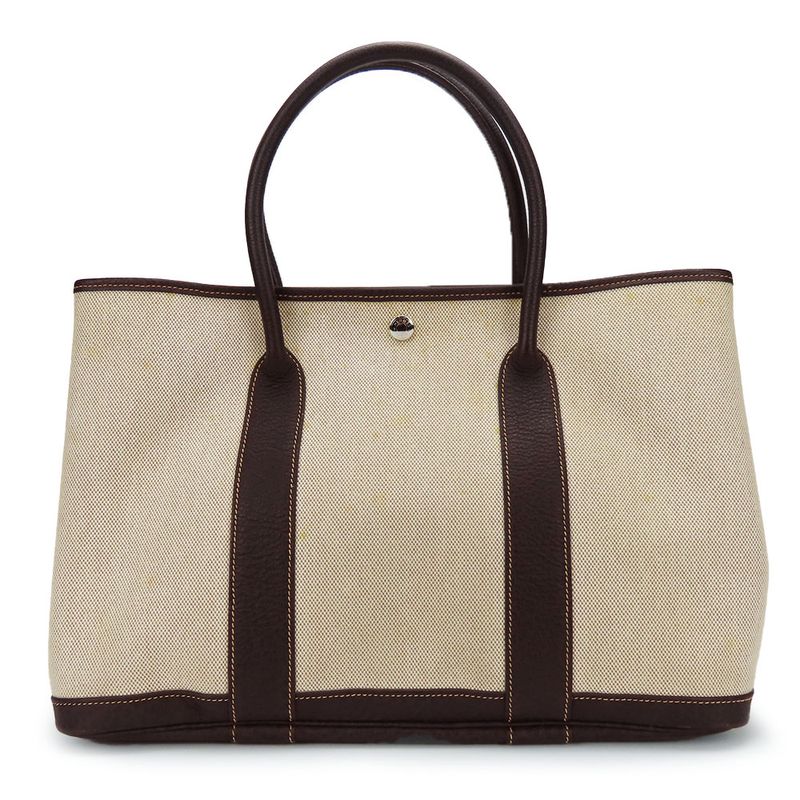 Hermes Handbag Garden Party PM Canvas Leather Beige Dark Brown Silver Hardware