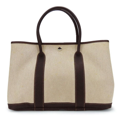 Hermes Handbag Garden Party PM Canvas Leather Beige Dark Brown Silver Hardware