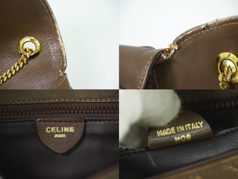 Authentic Celine Quilted Chain Shoulder Bag Pochette Leather Brown Bag Pre-owned