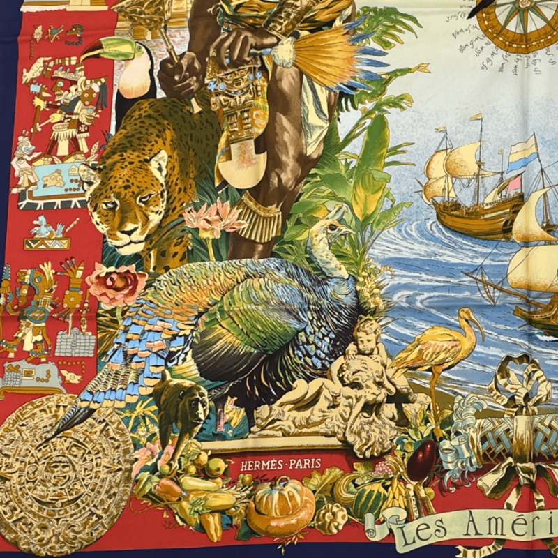 Hermes Carre 90 Scarf Les Ameriques Americas Columbus Silk Navy Multicolor