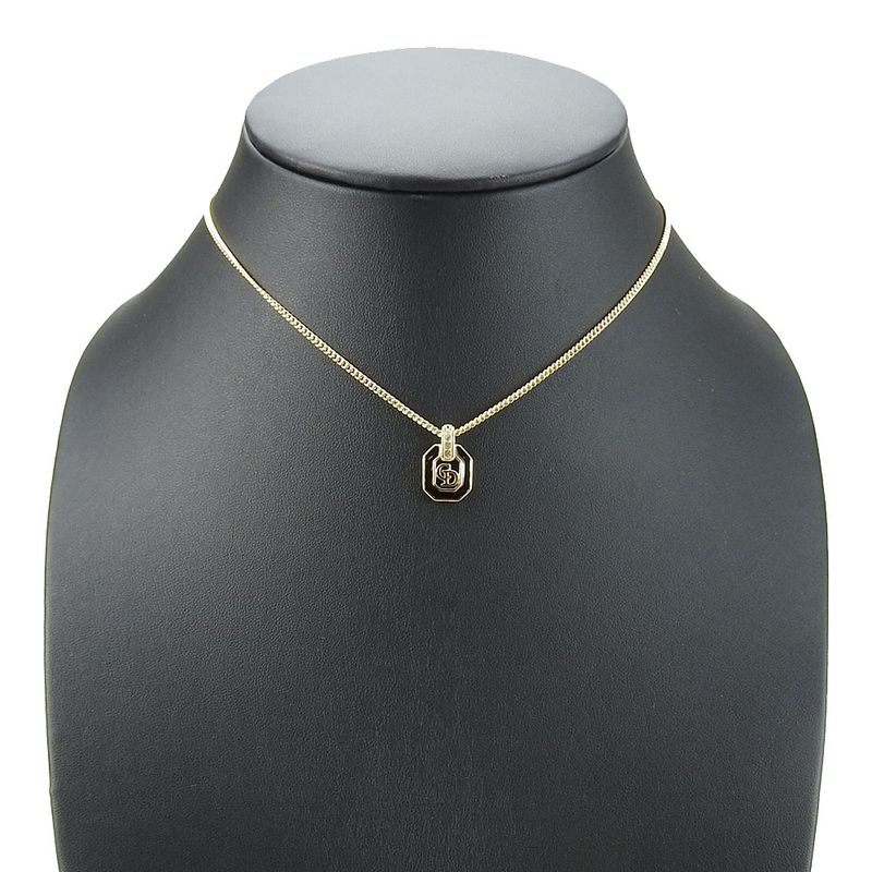 Christian Dior Necklace Metal Gold Black Accessories Logo Rhinestone Ladies