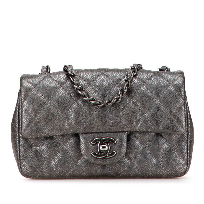 Chanel Mini Matelasse 20 Coco Mark Chain Shoulder Bag Silver Gray Caviar Skin