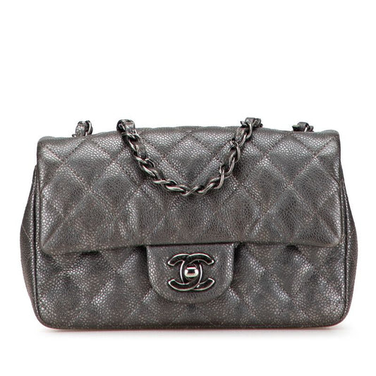 Chanel Mini Matelasse 20 Coco Mark Chain Shoulder Bag Silver Gray Caviar Skin
