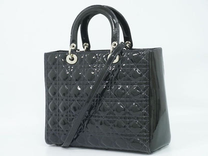 Authentic Christian DIOR Lady Dior Cannage 2WAY Shoulder Bag Handbag Patent