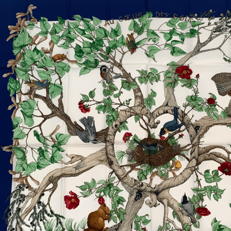 Hermes Carre 90 Silk U Coeur DES BOIS In The Woods Scarf Navy