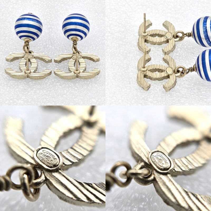 Chanel Coco Mark Earrings Binaural Ball Drop Border Blue/silver Color Gold