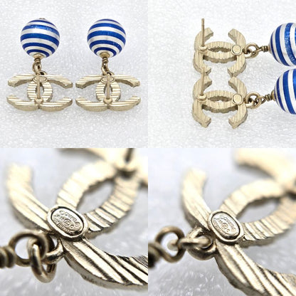 Chanel Coco Mark Earrings Binaural Ball Drop Border Blue/silver Color Gold