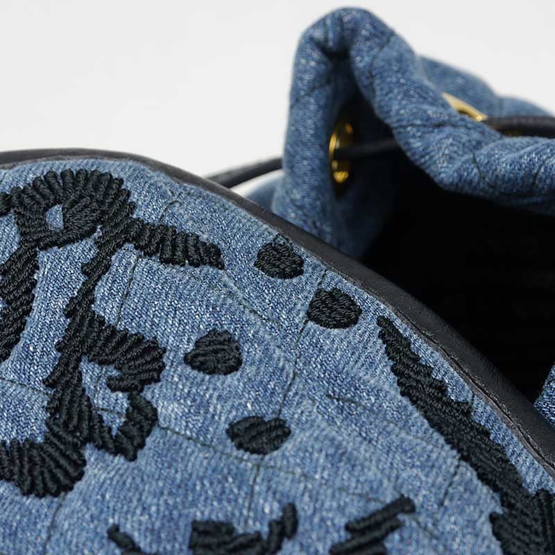 Prada Backpack 1bz677 Denim Quilted Embroidered *charm Missing