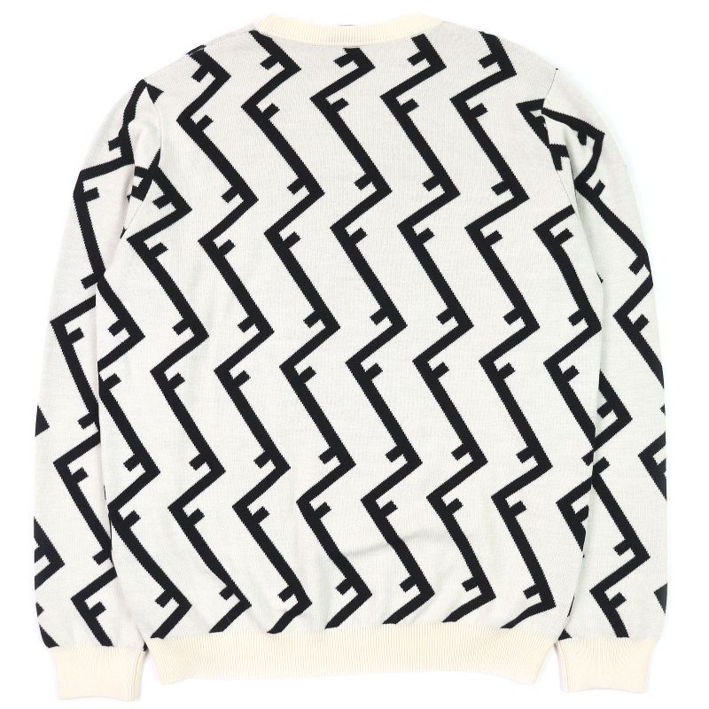 Fendi Fzz489 100% Wool FF Motif Total Pattern Crew Neck Long Sleeves Knit