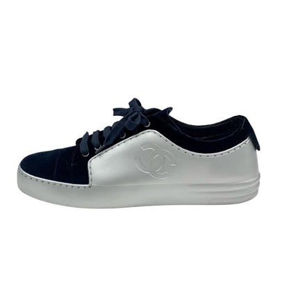 Chanel Sneakers Shoes Velor Leather Silver Navy Here Mark