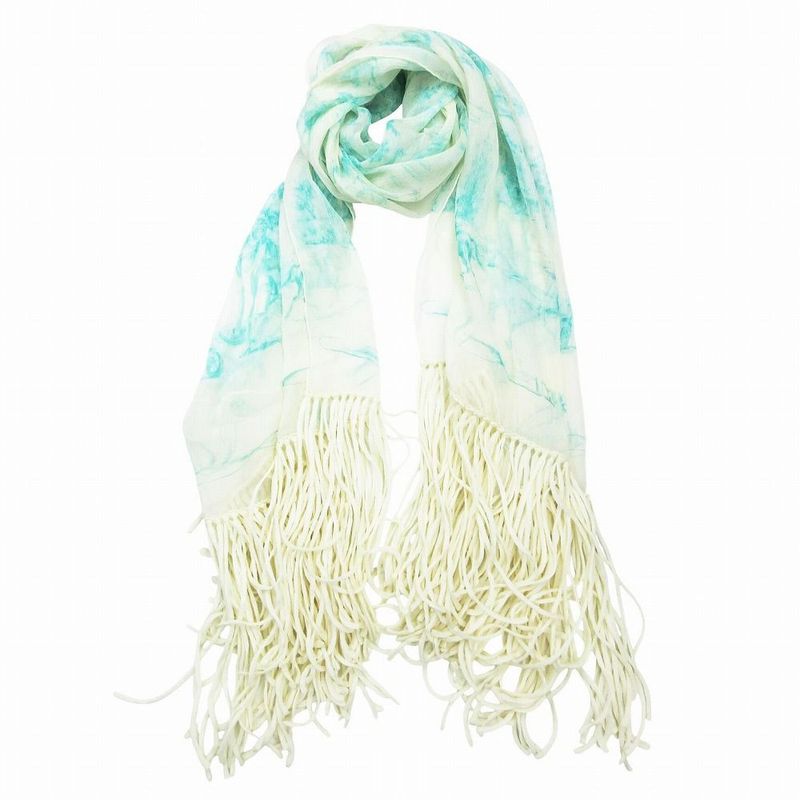 Hermes Shawl Scarf Shawl Silk Muslin Fringe Ivory Light Blue Light Blue Women
