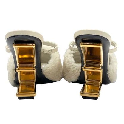 Unused Fendi First Sandals Mule Party Shoes Metal Heel Sheepskin Beige