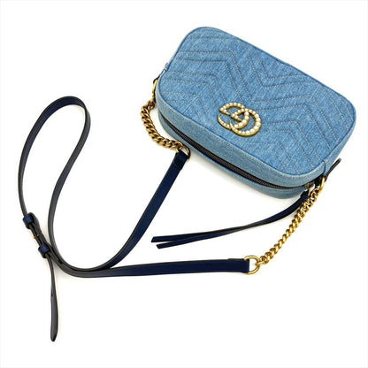 Gucci GG Marmont Quilted Shoulder Bag Denim 447632 Blue Faux Pearl Women