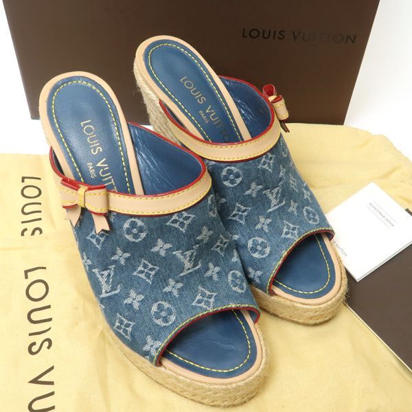 Louis Vuitton Monogram Denim Wedge Sole Sandals 36 Espadrilles Louis Vuitton