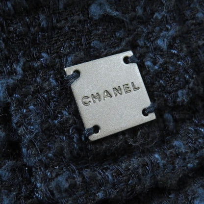 CHANEL 01P P17613 Wool Cotton Logo Plate Knee Length Tweed Skirt Navy Black 40