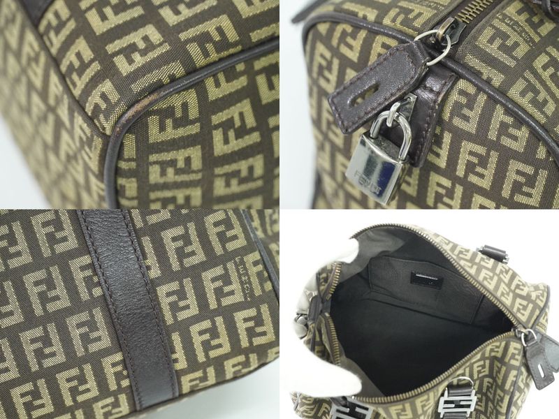 Authentic Fendi Zucchino Mini Boston Bag Handbag Canvas Beige Brown 8bl068