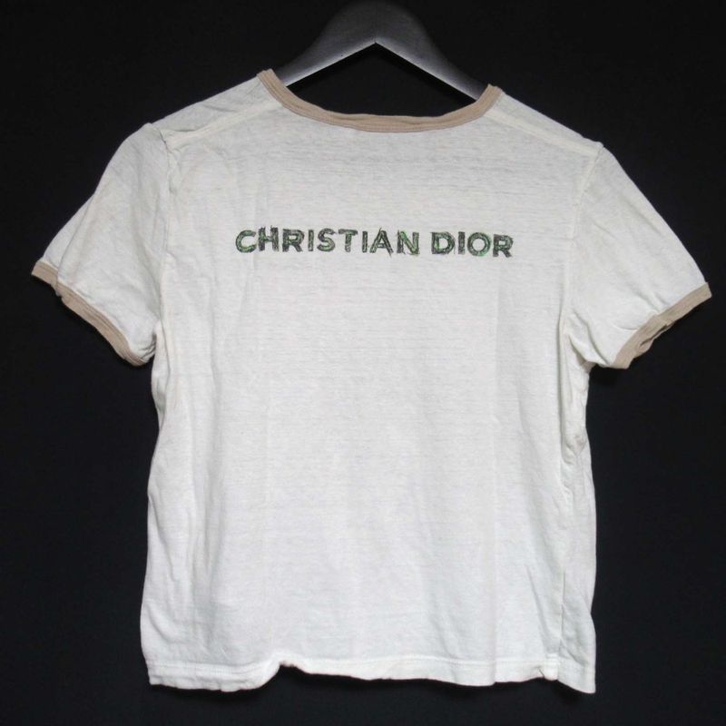 Christian DIOR Print Cotton Linen Blend Short Sleeve Trim T-shirt XS Size White