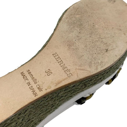 Hermes Sandals Shoes Leather Suede Khaki White Black Braided Wedge Sole