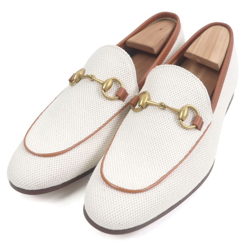 Gucci 430088 Canvas Leather Horsebit Gold Hardware Loafers Ivory Brown 6 With