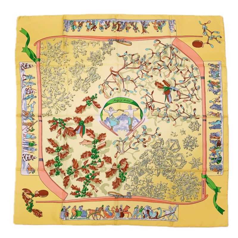 Hermes Carre 90 Neige D'antan Last Year's Snow Yellow Christmas Silk Scarf