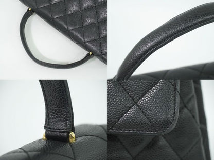 Authentic Chanel Coco Mark Matelasse Turnlock Handbag Caviar Skin Leather Black