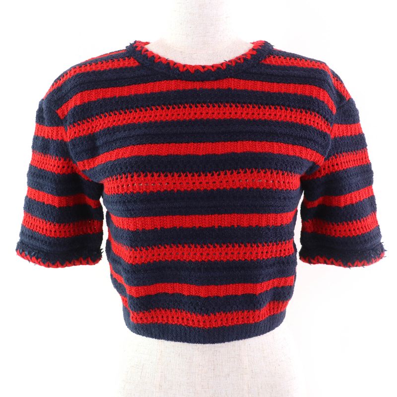 CHANEL 23AW 21C P70326 Coco Mark Button Cotton Striped Crewneck Cropped