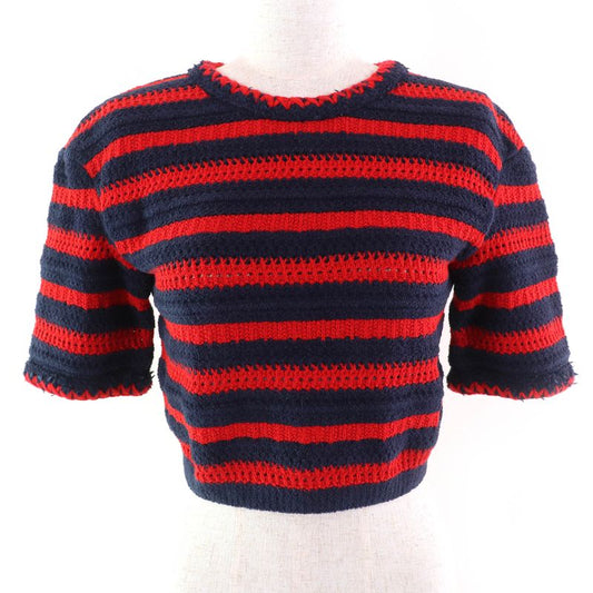 CHANEL 23AW 21C P70326 Coco Mark Button Cotton Striped Crewneck Cropped