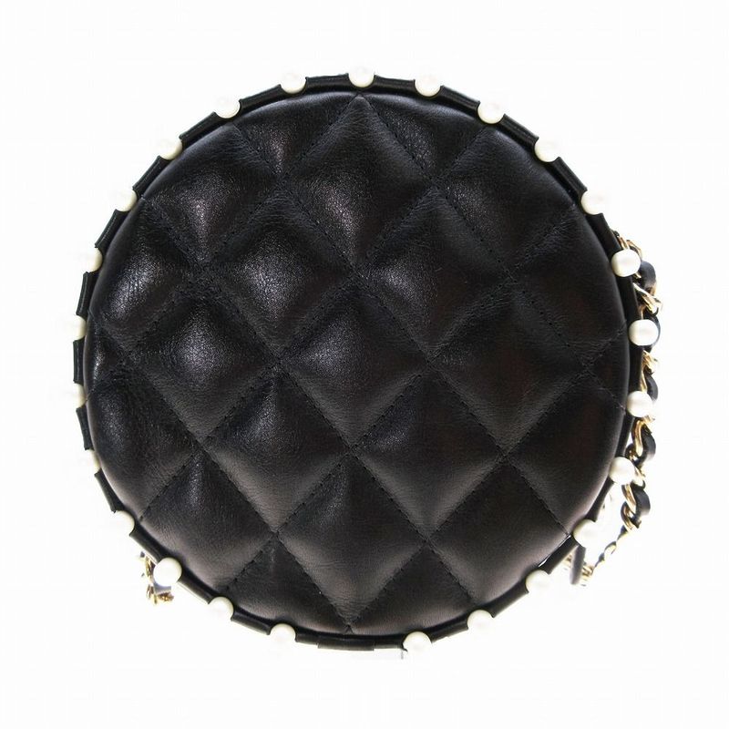 Chanel Lambskin Round Pearl Chain Matelasse Mini Shoulder Bag 29th Black Ladies
