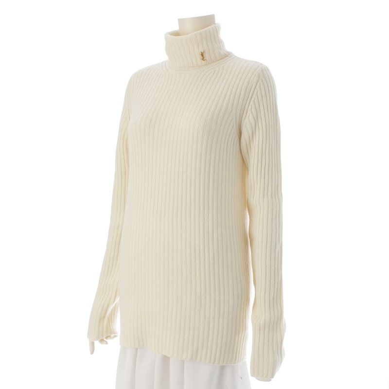 Saint Laurent 2021 Wool Cashmere YSL Logo Turtleneck Knit Sweater 666098 White M