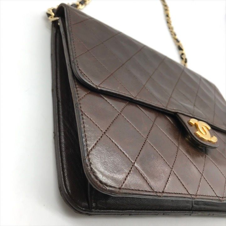 Chanel CC Logo Quilted Lambskin Chain Shoulder Bag Push Lock Brown
