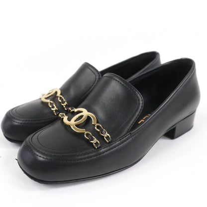 CHANEL G31974 Leather Loafer With Coco Mark Chain Black Gold Hardware 36.5 Made