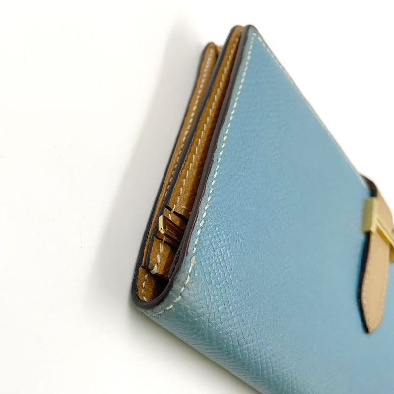 Hermes Bearn Souffle Stamped □L Leather Turquoise Blue And Light Brown Long