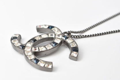 Chanel Necklace Pendant Rhinestone Gunmetal Blue