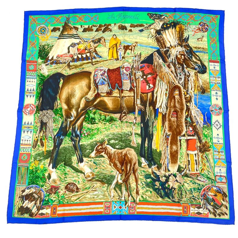 Hermes Les Cheyennes Cheyenne Carre 90 Silk Navy Multicolor