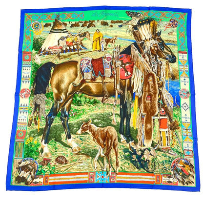 Hermes Les Cheyennes Cheyenne Carre 90 Silk Navy Multicolor