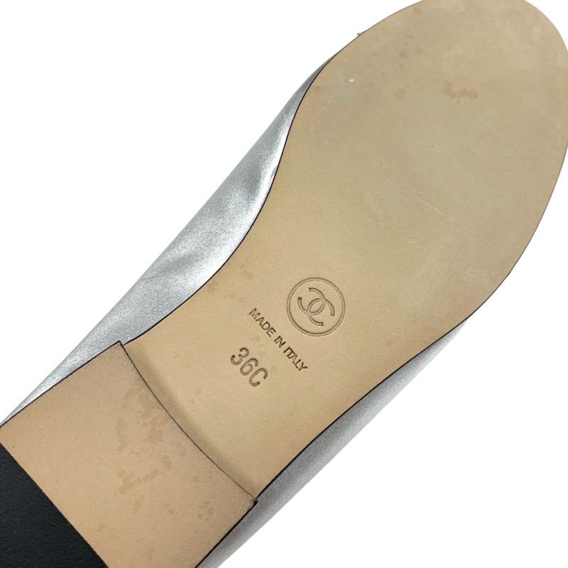 Chanel Flat Shoes Leather Fabric Silver Black Ballet Shoes Ballerina Coco Mark