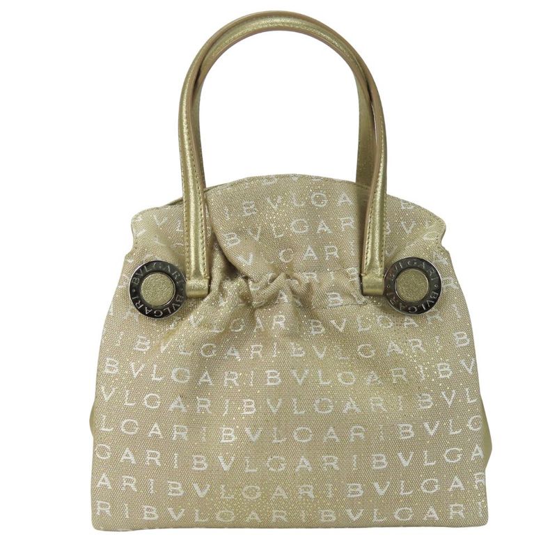 Bvlgari Handbag Logomania Canvas Leather Gold Beige White Mini Bag Casual For