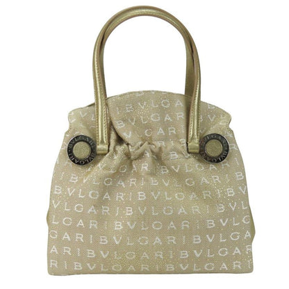Bvlgari Handbag Logomania Canvas Leather Gold Beige White Mini Bag Casual For