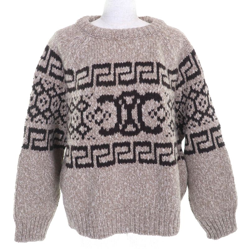 Celine 2adw6824v 100% Wool Triomphe Crew Neck Long Sleeve Knit Sweater Brownish