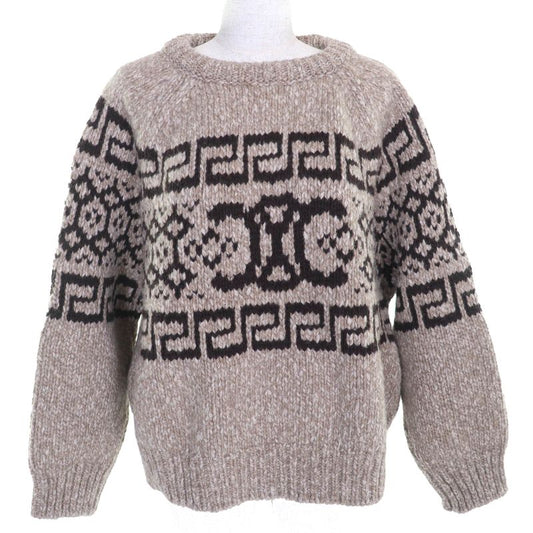 Celine 2adw6824v 100% Wool Triomphe Crew Neck Long Sleeve Knit Sweater Brownish